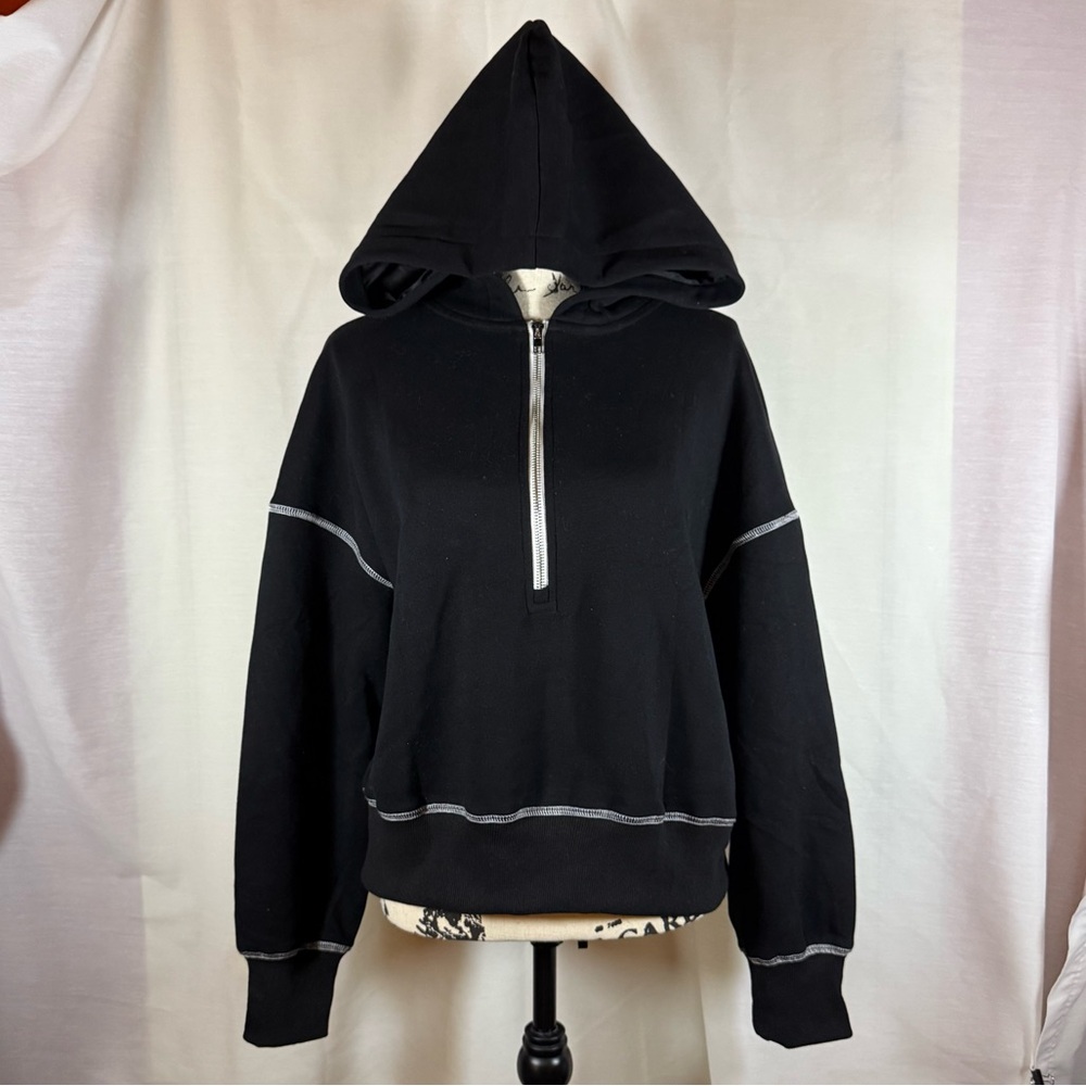 PrettyGarden Hooded Sweat Pullover 1/2 Front Zipper Jacket Black Sz Med NWT
